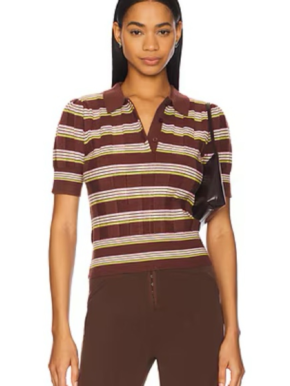 Guizio Brown/Light Pink Striped Short-Sleeve Polo Top